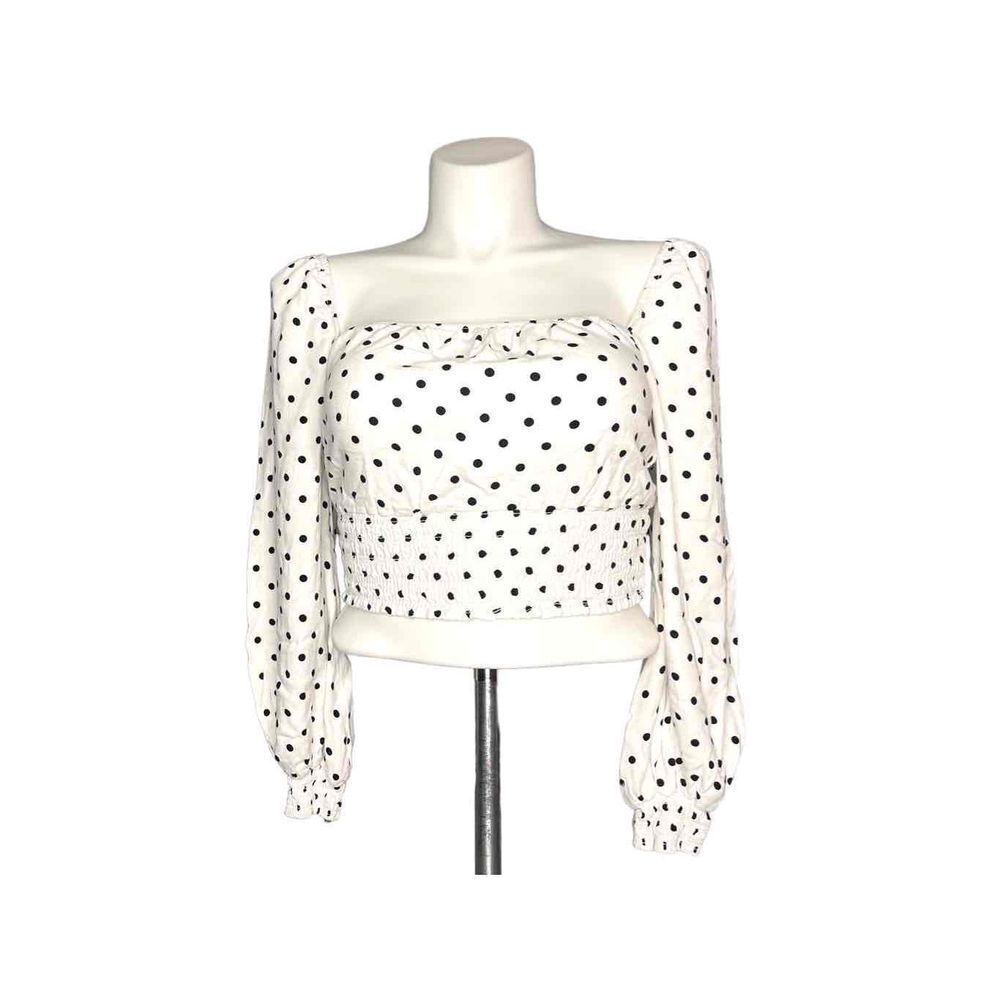 AFRM|LONG SLEEVE POLKA DOTTED SMOCKED TOP WHITE & BLACK XL
